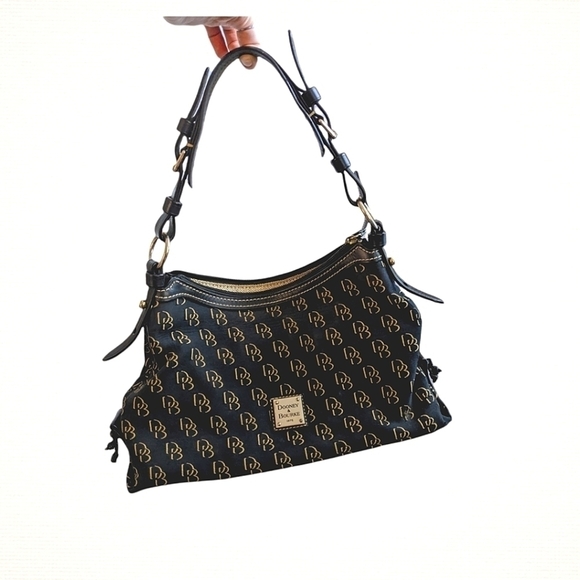 Dooney & Bourke Handbags - Dooney & Bourke Signature Black and Gold Canvas Leather East West Slouch Bag